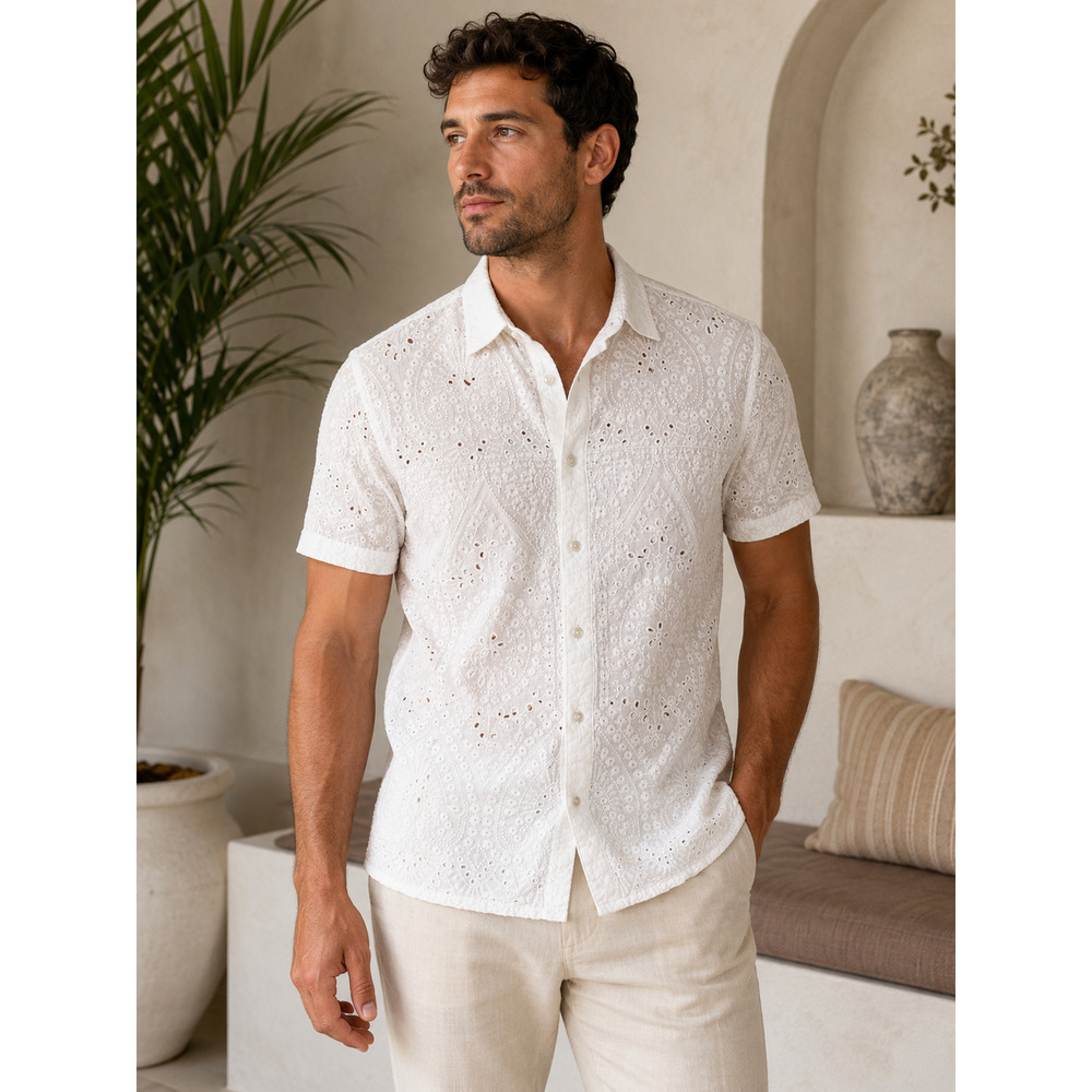 Mr Turk Eyelet Button Shirt Men M White Crochet Lace Geometric Ribbed Luxury